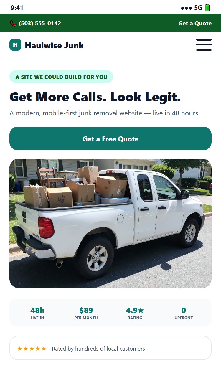 Mobile view of the same example junk removal website