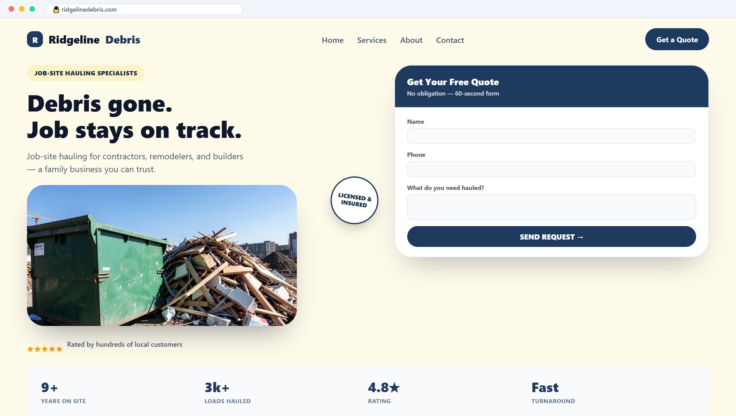 Construction Debris Removal website mockup