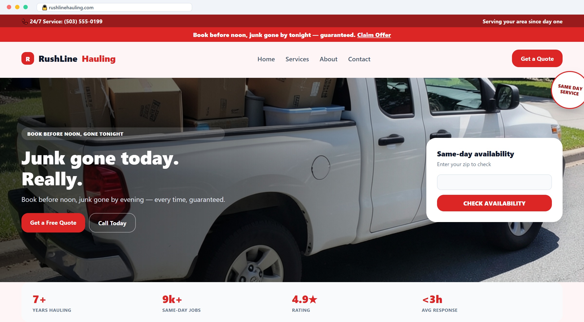 Same-Day Junk Removal website mockup